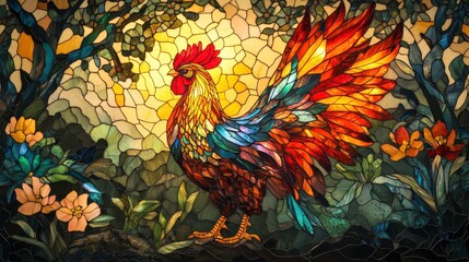 Fototapeta premium Super realistic stained glass with a Thai chicken, neoclassic style, and a background of lush trees and blooming flowers, cinematic and detailed