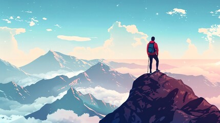 106. Scenic illustration of a man admiring nature from a mountain peak, friends hiking together, embodying the spirit of teamwork and adventure tourism