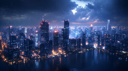 Fototapeta premium A vibrant cityscape at night, illuminated by lights reflecting on water, creates captivating atmosphere amidst rain.