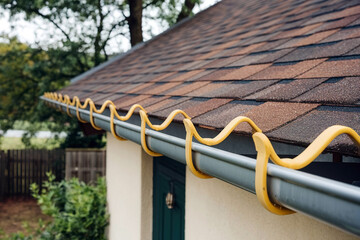 Fragment of metal drainage system on the roof of a private house