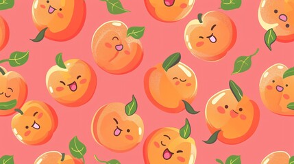 112. Charming vector illustration of a repeated pattern with kawaii peach fruits, each with a smiling face, ideal for fun and whimsical designs