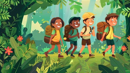 116. Bright and cheerful summer camp banner template featuring a group of kids Scouts on a forest walk, with space for text, ideal for educational and promotional materials