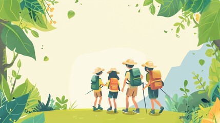 Naklejka premium 117. Colorful vector illustration of kids Scouts hiking in the forest, designed as a banner template for summer camp promotions, with designated space for text