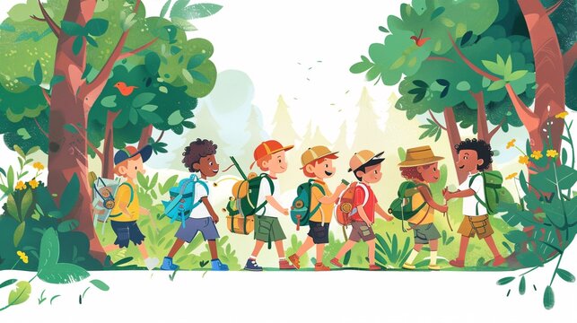 116. Bright and cheerful summer camp banner template featuring a group of kids Scouts on a forest walk, with space for text, ideal for educational and promotional materials