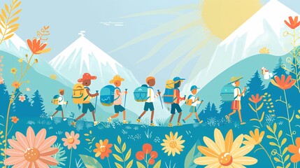 120. Whimsical vector illustration of a summer camp scene with kids Scouts on a hike, designed for educational banners, posters, and promotional materials with text space
