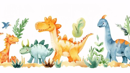 Obraz premium 123. Delightful seamless border with different types of dinosaurs, each painted in soft watercolor, creating a whimsical and kid-friendly illustration