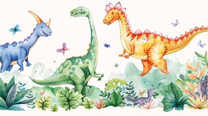 123. Delightful seamless border with different types of dinosaurs, each painted in soft watercolor, creating a whimsical and kid-friendly illustration