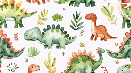 124. Playful watercolor border pattern with an array of cute dinosaurs, ideal for children's illustrations and creative projects