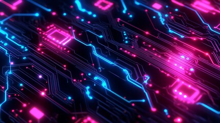 Obraz premium Abstract glowing lines and circuits in blue and pink on a dark background.