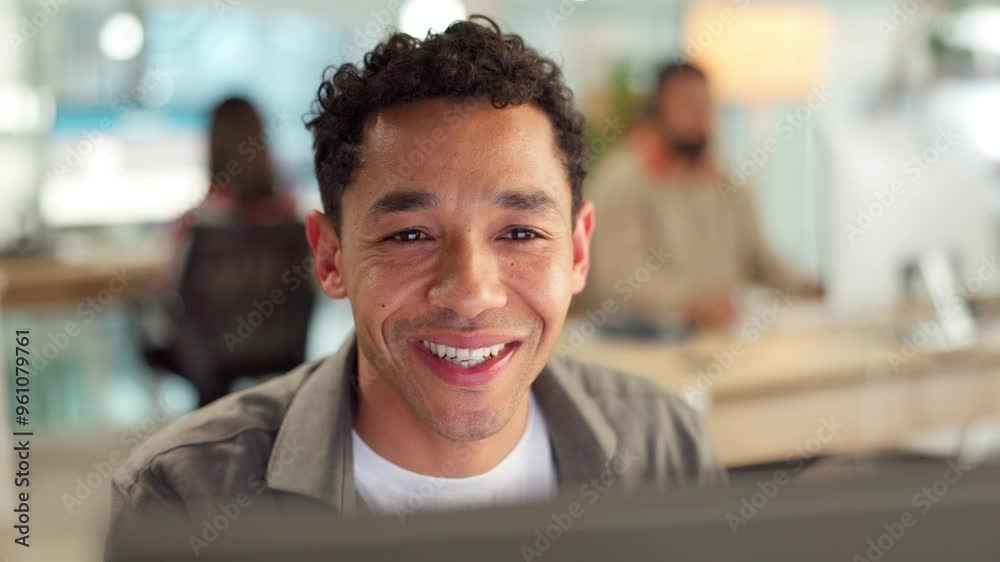 Poster Business man, computer or reading email, problem solving and thinking at night. Smile, creative employee and working on project at startup for research, review and writer squint on deadline closeup