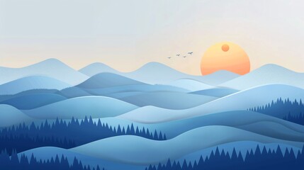 128. Minimalist vector summer scene with smooth gradient hills and open space for text, suitable for backgrounds, banners, and greeting cards