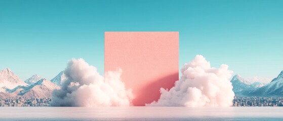 A pink square is in the middle of a cloudy sky with mountains in the background