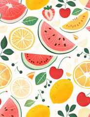 Vibrant and Colorful Fruit Illustration with Lemons and Watermelons