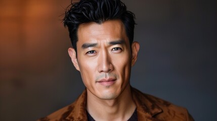 Obraz premium Close-up portrait of a handsome Asian man with short black hair and brown eyes, looking directly at the camera with a serious expression.