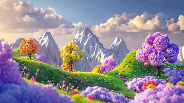 149. Vibrant 3D scene of an adorable cartoon world with purple mountains, colorful trees, and whimsical clouds, ideal for a dreamy and magical atmosphere