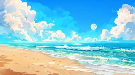157. Vibrant vector summer landscape featuring a sunny beach with pristine sand, blue skies, and soft clouds, ideal for creating a lively and inviting background