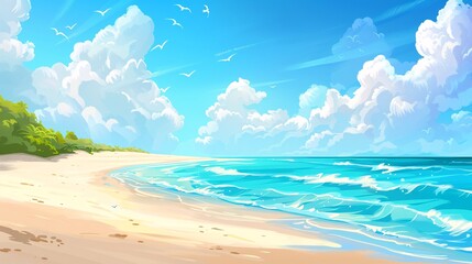 157. Vibrant vector summer landscape featuring a sunny beach with pristine sand, blue skies, and soft clouds, ideal for creating a lively and inviting background