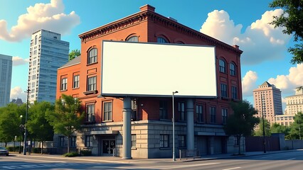 Obraz premium In an urban setting, a large horizontal billboard awaits advertising content, positioned in front of a building to catch the city's eye