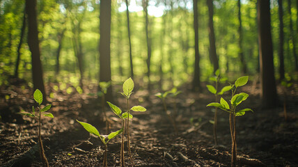 Young saplings are growing in forest, symbolizing regeneration and new life. sunlight filters through trees, creating serene atmosphere.