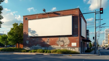 In an urban setting, a large horizontal billboard awaits advertising content, positioned in front of a building to catch the city's eye
