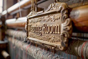 A decorative sign saying "Weaving Room" in elegant script font, located at the entrance of the weaving section in a fabric production facility 