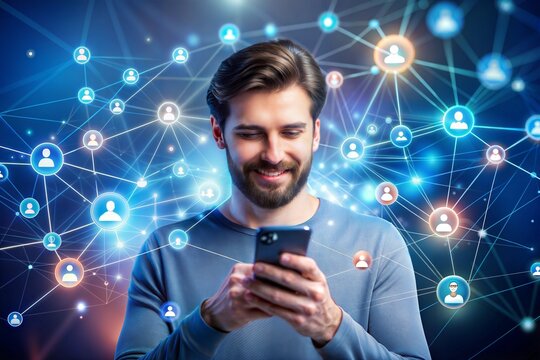 Man smiling using smartphone with social media network concept