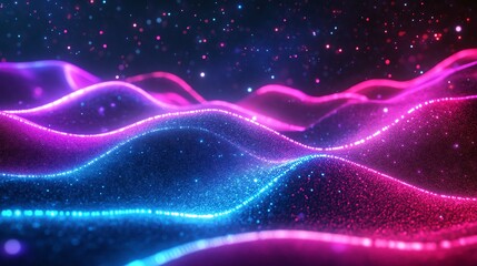Abstract glowing waves of pink and blue light on a dark background.