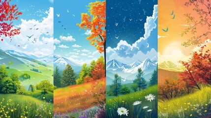 173. Vibrant vertical banners illustrating the four seasons, each with unique scenic elements and space for text, ideal for nature-themed designs and promotions