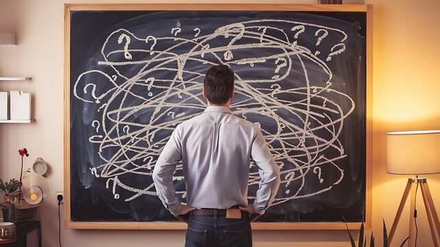 Business man looking for solution, understanding and clarity about complex problem, brainstorm