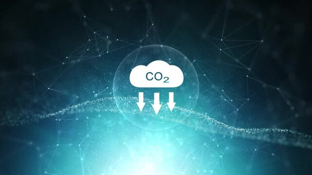 Artistic carbon dioxide icon on blue looping light animation background.