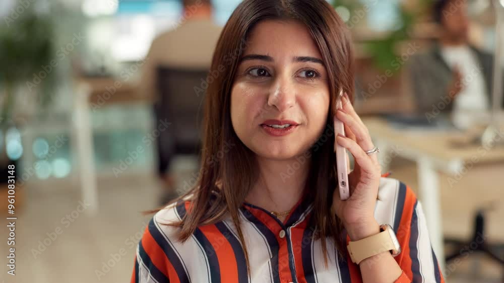 Poster design, happy and phone call with woman in web development office for chat or conversation. communic