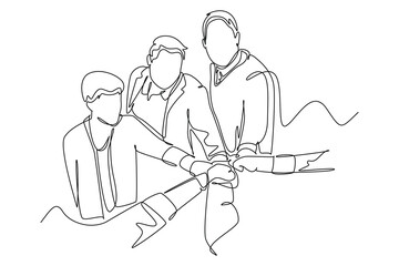 Continuous one line drawing group of young happy male and female business people unite their hands together to form a circle shape. Teamwork unity. Single line draw design vector graphic illustration © onetime
