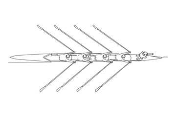 Single continuous line drawing top view businessman leader with binoculars lead business team with rowing boat. Teamwork or support to achieve target. One line draw graphic design vector illustration