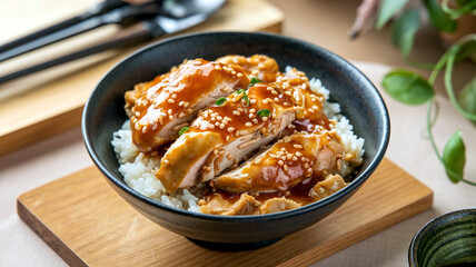 Delicious Japanese Teriyaki chicken served on a bed of rice in a ceramic bowl in a cozy restaurant setting, perfect for food photography. 