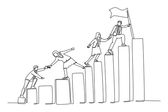 Single continuous line drawing team members holding hands together following their leader who hold flag climbing up stairs step by step. Teamwork concept. One line graphic design vector illustration