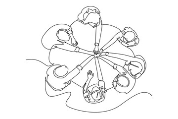 Single one line drawing top view group of young male female business people unite their hands together to form circle shape symbol. Teamwork concept. Continuous line design graphic vector illustration
