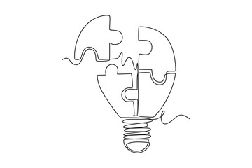 Single one line drawing light bulb with pieces of puzzles forming connecting identity. Teamwork and collaboration smart company concept. Modern continuous line draw design graphic vector illustration