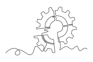 Single one line drawing gear from puzzle pieces logo icon. Business creativity, teamwork, partnership, collaboration and success concept. Modern continuous line draw design graphic vector illustration