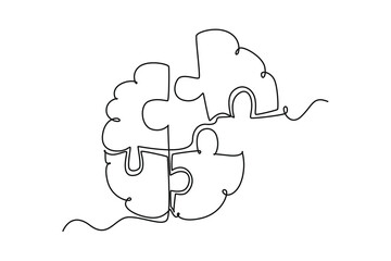 Single one line drawing of human brain forming from piece of puzzles logo identity. Head anatomy and smart psychological people concept. Modern continuous line draw design graphic vector illustration