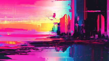 Obraz premium A vibrant abstract cityscape with a glitch effect in shades of pink, blue, and yellow.