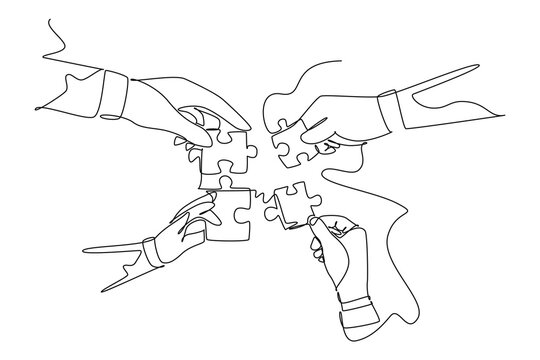 recommend clip art: Continuous one line drawing of business team members unite puzzle pieces together to one as team building symbol. Office employee teamwork concept. Single line draw design vector graphic illustration