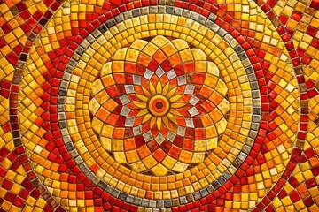 A geometric mosaic art piece featuring a central circle surrounded by interlocking shapes, using analogous colors in shades of orange, yellow, and red to create a vibrant and energetic design.