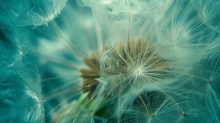 205. Stunning closeup of a dandelion flower with fluffy seeds, framed by a turquoise background to highlight its ethereal beauty