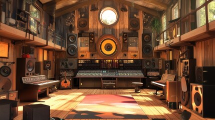 A huge music studio and recording studio scene, with two floors of interior space and giant speakers and huge of records