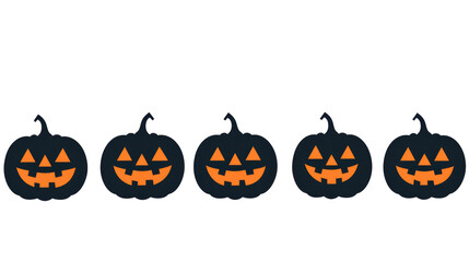 Row of black jack-o'-lanterns with glowing orange faces, isolated on white background. Halloween decoration concept.

