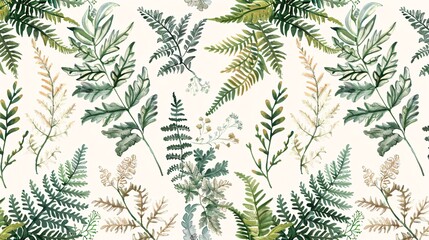 212. Detailed seamless pattern featuring fern and ivy leaves in a flowing arrangement, emphasizing fine natural details against a light backdrop