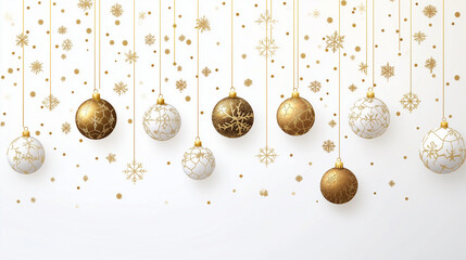 Golden Christmas balls light white background. Festive xmas decoration gold glass christmas balls and glossy snowflake, stars, hanging on the ribbon.