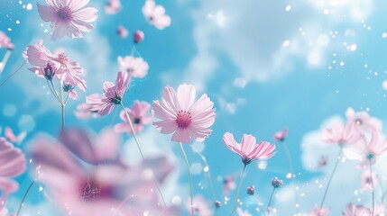 224. Floating pastel pink flowers on a vivid blue sky, creating a dreamy, ethereal summer background ideal for a serene wallpaper