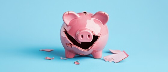 Minimalist bankruptcy concept with a broken piggy bank on a solid color background symbolizing financial collapse