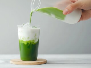 Hand pouring creamy matcha latte into a clear cup with ice, creating a refreshing layered green and white drink.